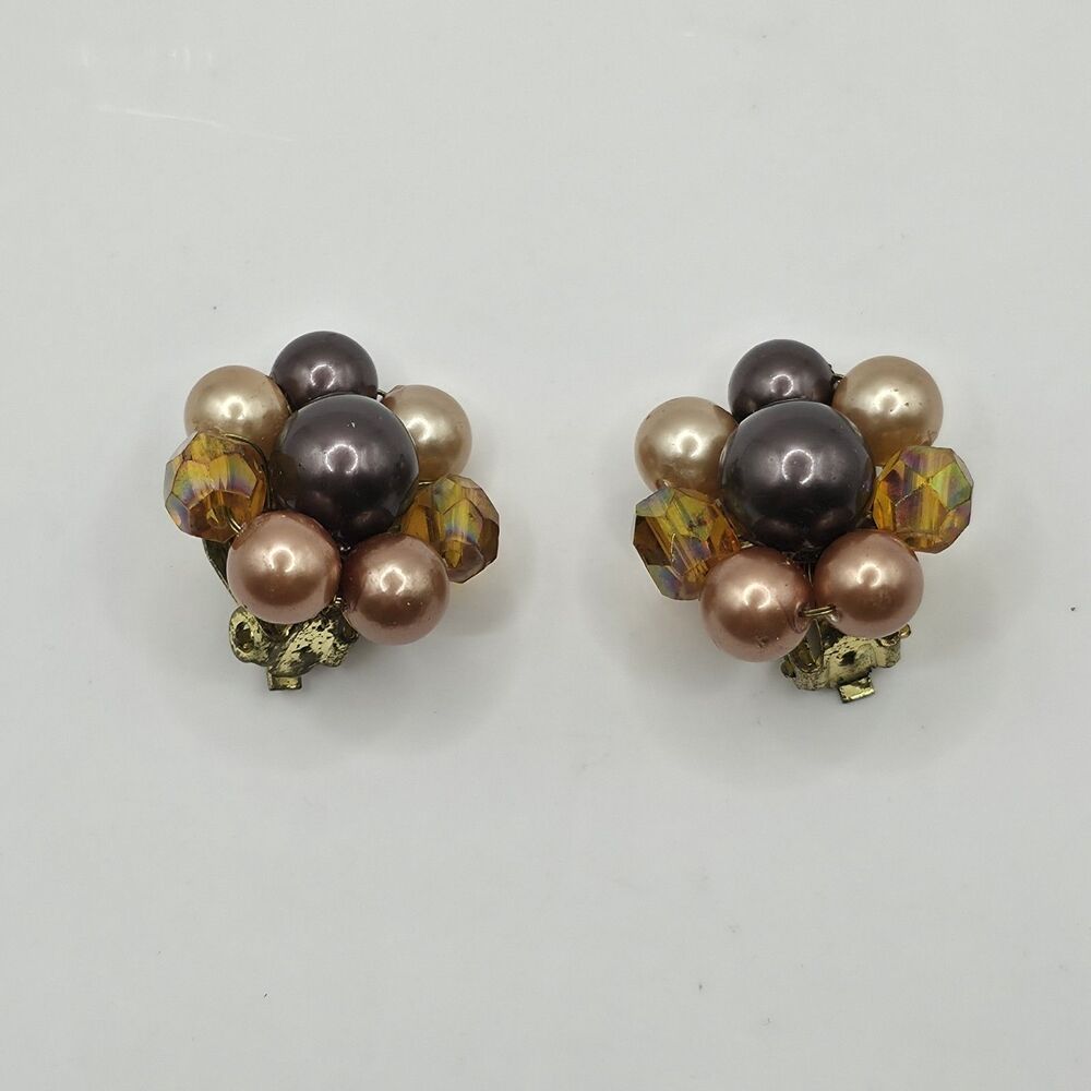 Vintage Clip-On Brown\Tan Beads Earrings 1"